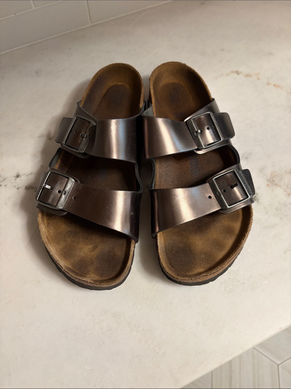 Women’s Birkenstocks Double-Buckle Casual Sandals - Metallic gray